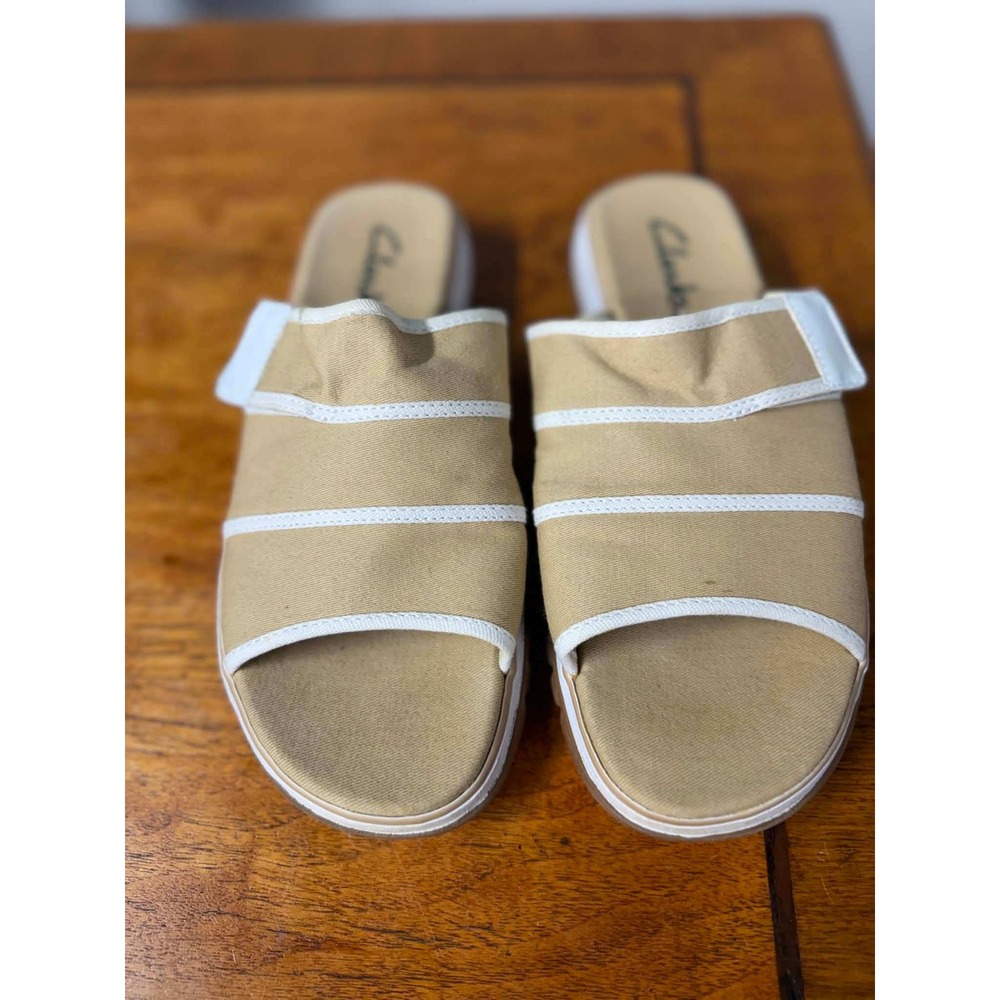 Clarks Womens 8 Tan Canvas Slide Sandals Casual Adjustable Strap 35120